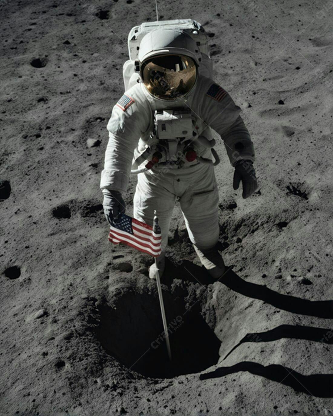 Astronauta plantando bandeira EUA na Lua