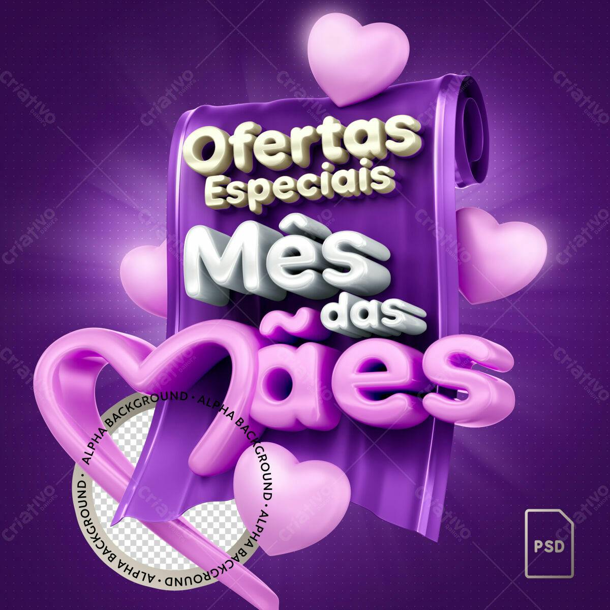 Selo 3D promocional Mês das Mães roxo e rosa