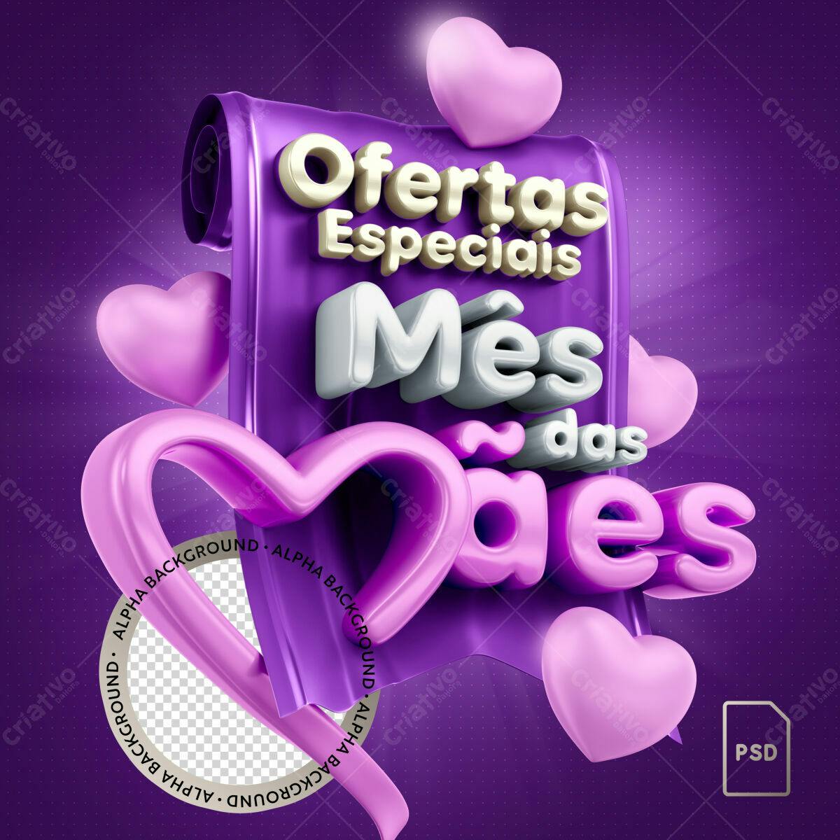 Selo 3D promocional roxa e prata para o Dia das Mães
