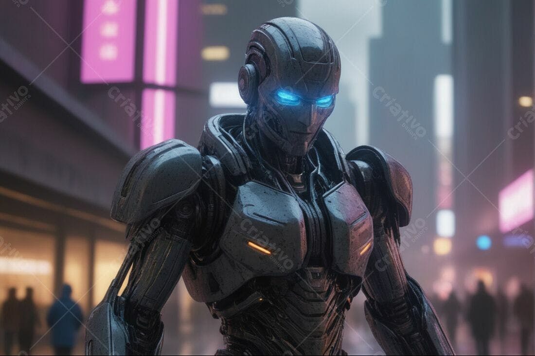 Robô futurista em cidade cyberpunk escura