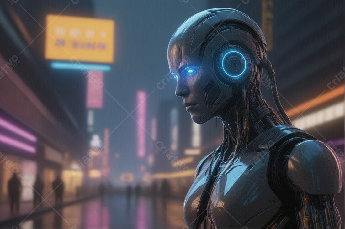 Robô feminino futurista em cidade noturna