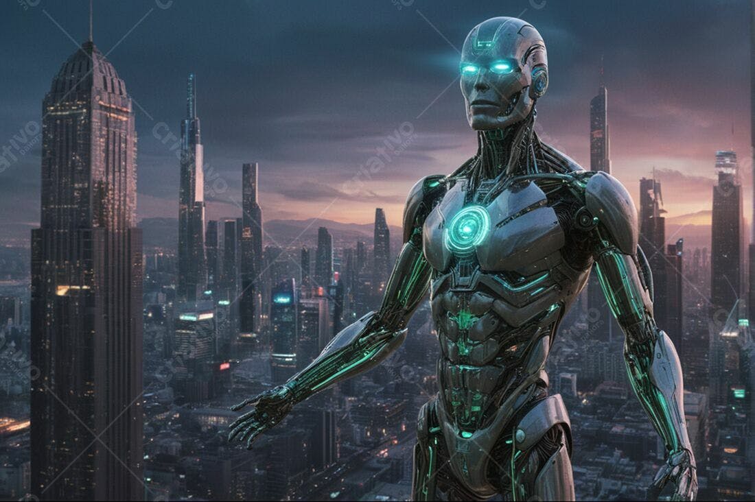 Robô futurista em cidade noturna