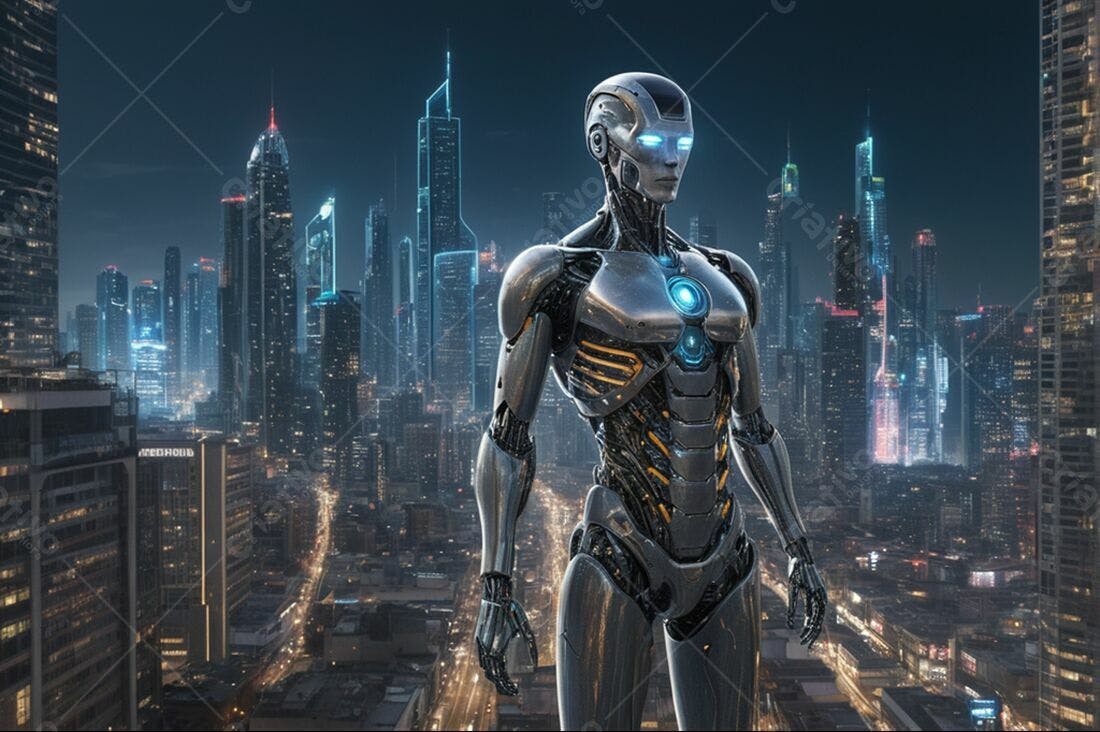 Robô futurista em cidade noturna