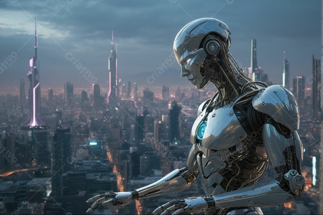 Robô futurista em cidade noturna