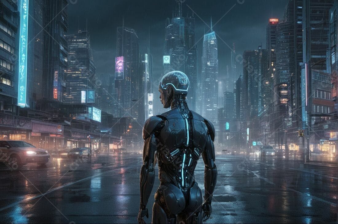 Robô futurista em cidade noturna chuvosa