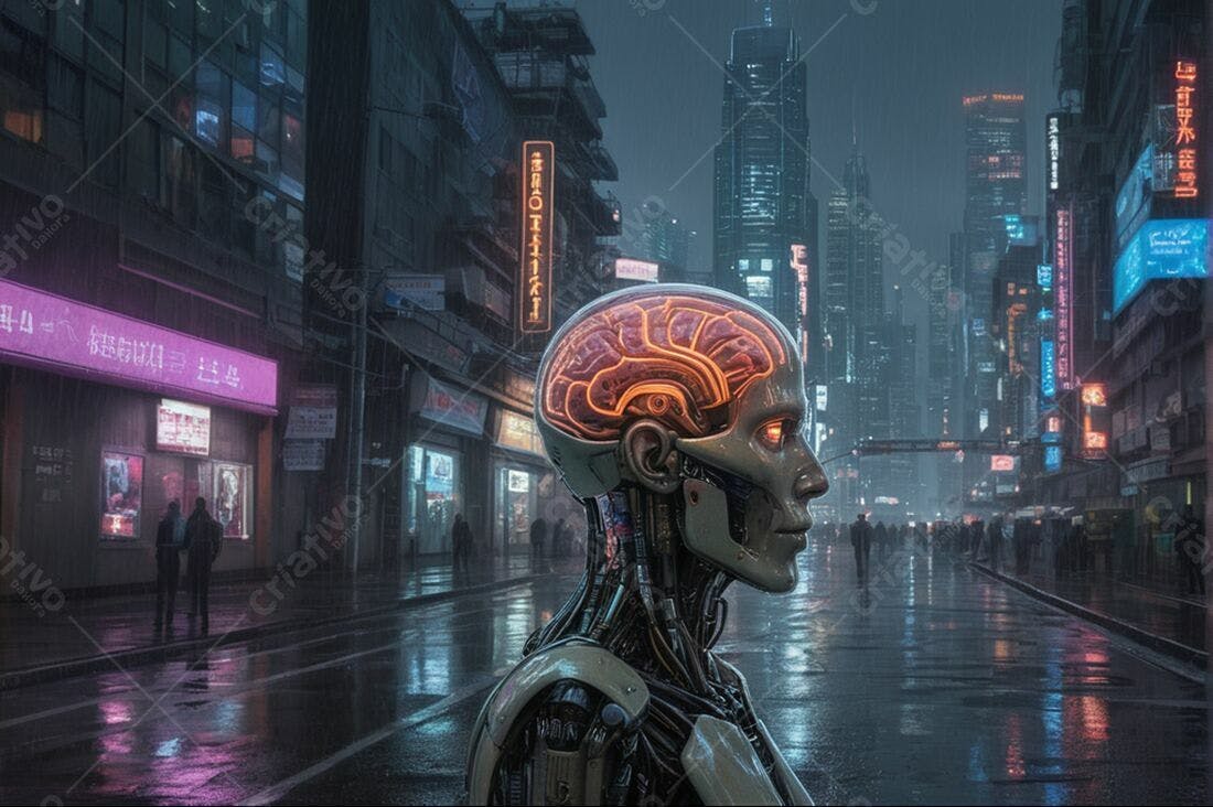 Robô futurista em cidade cyberpunk noturna