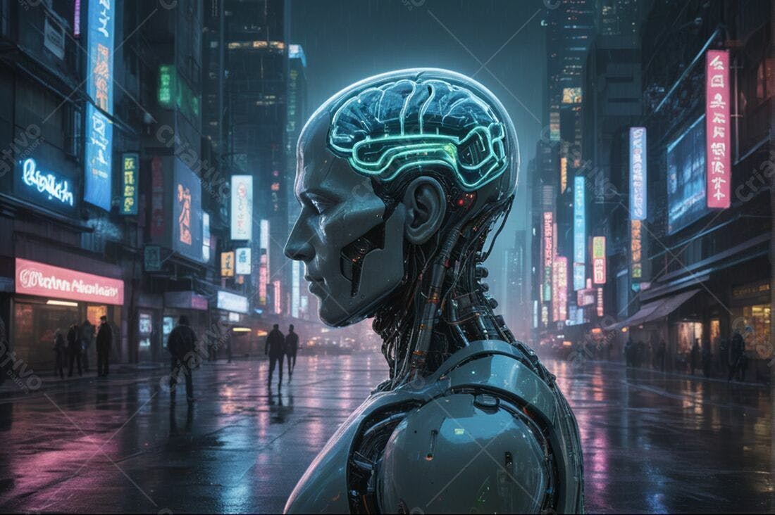 Robô em cidade futurista chuva noite