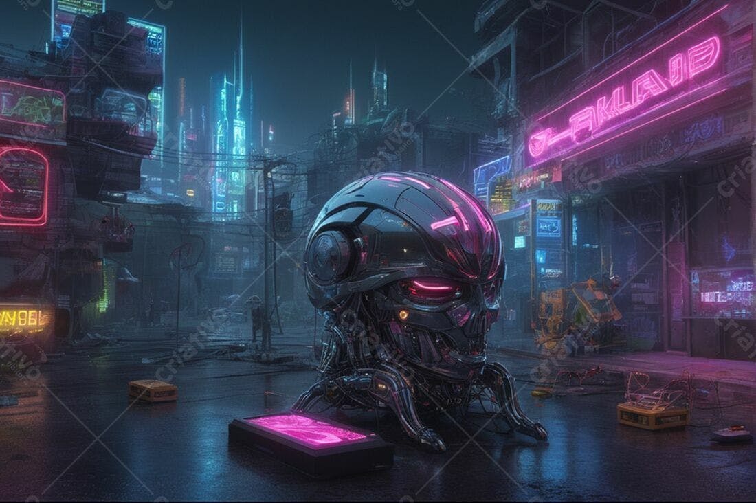 Cabeça robótica cyberpunk em cidade futurista noturna