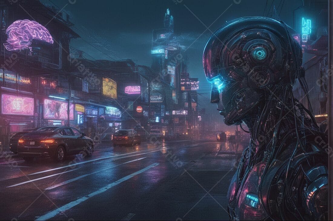 Robô em cidade cyberpunk noturna