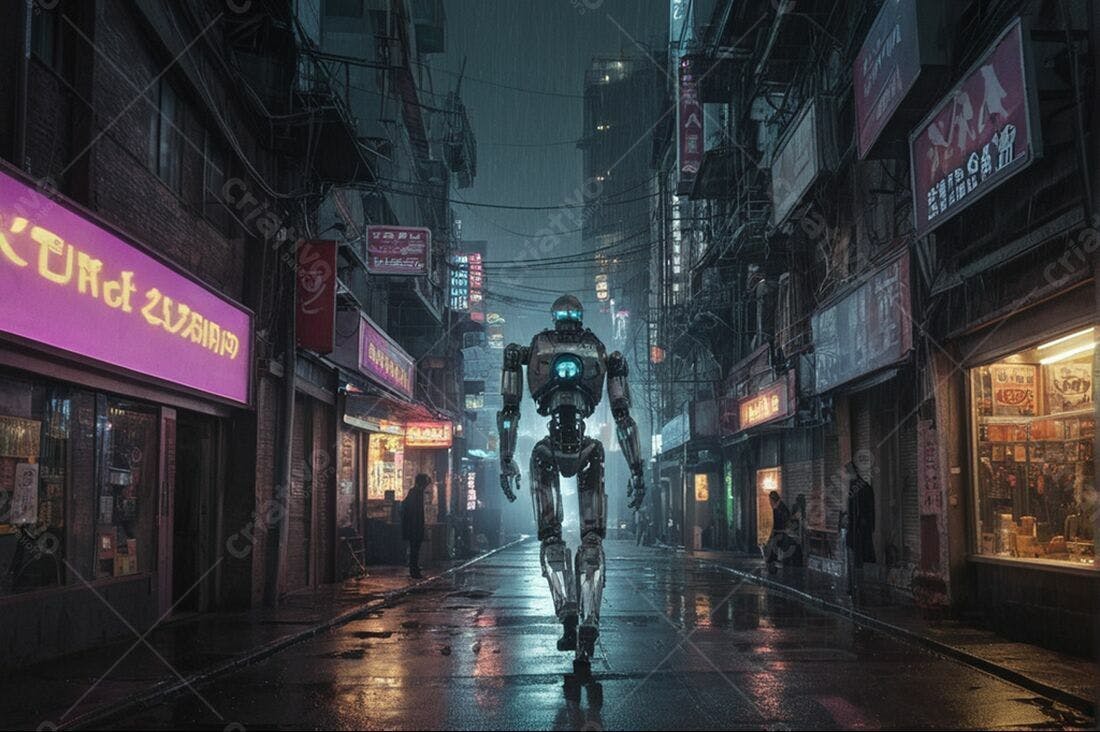 Robô gigante em rua cyberpunk sob chuva