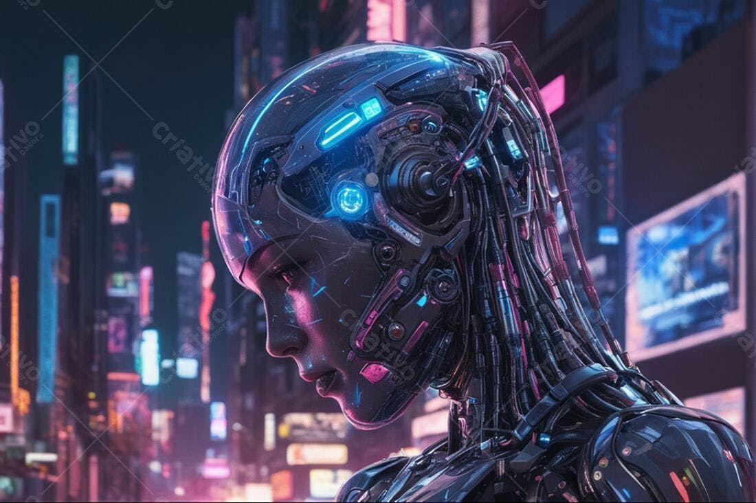 Robô futurista em cidade noturna