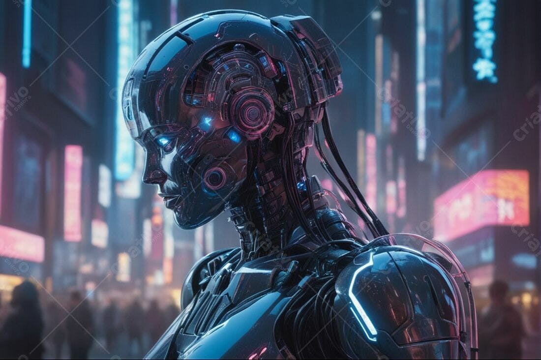 Robô futurista em cidade neon noturna