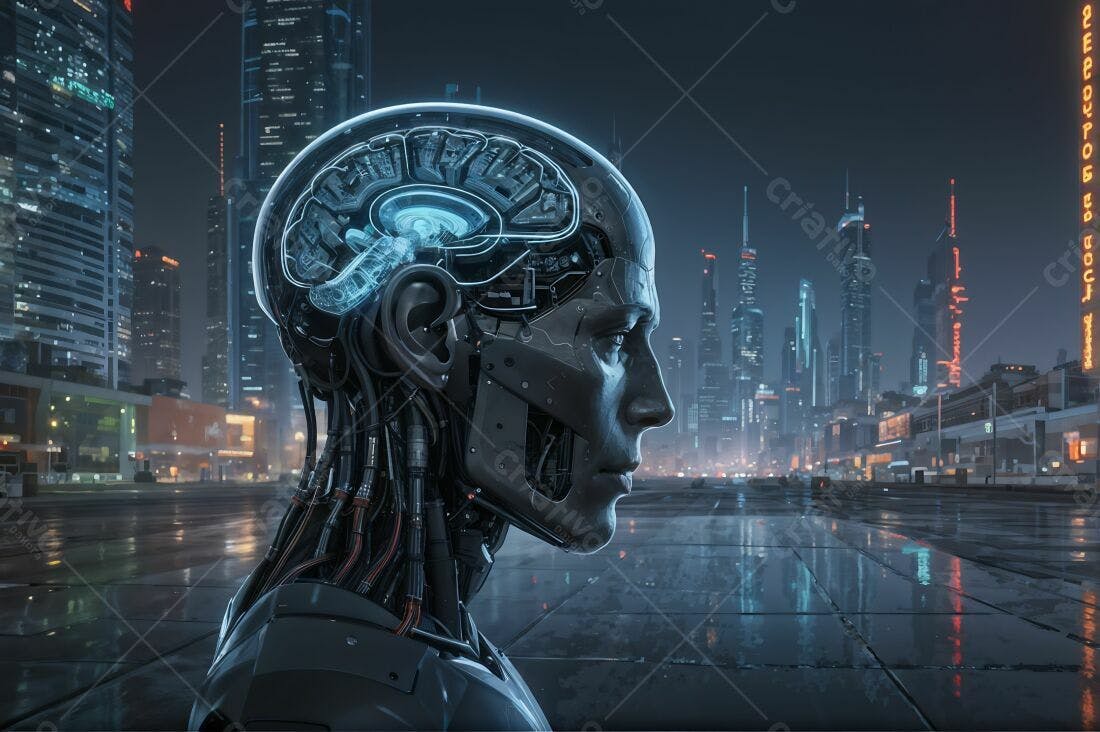 Robô futurista em cidade noturna