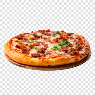 Pizza de carne com queijo sobre tábua de madeira, png