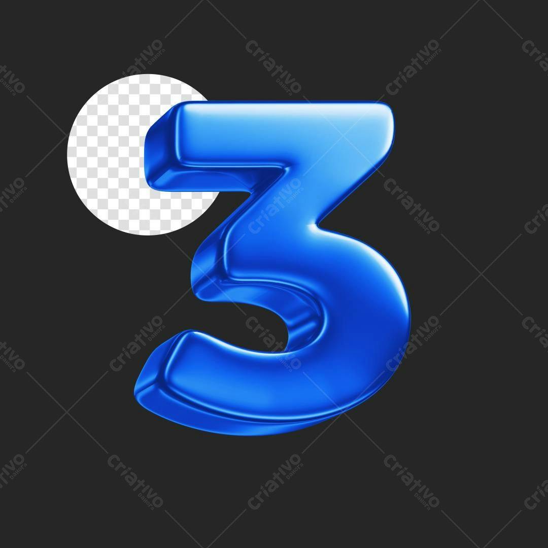 Número 3 em 3D Azul Royal PSD Editável
