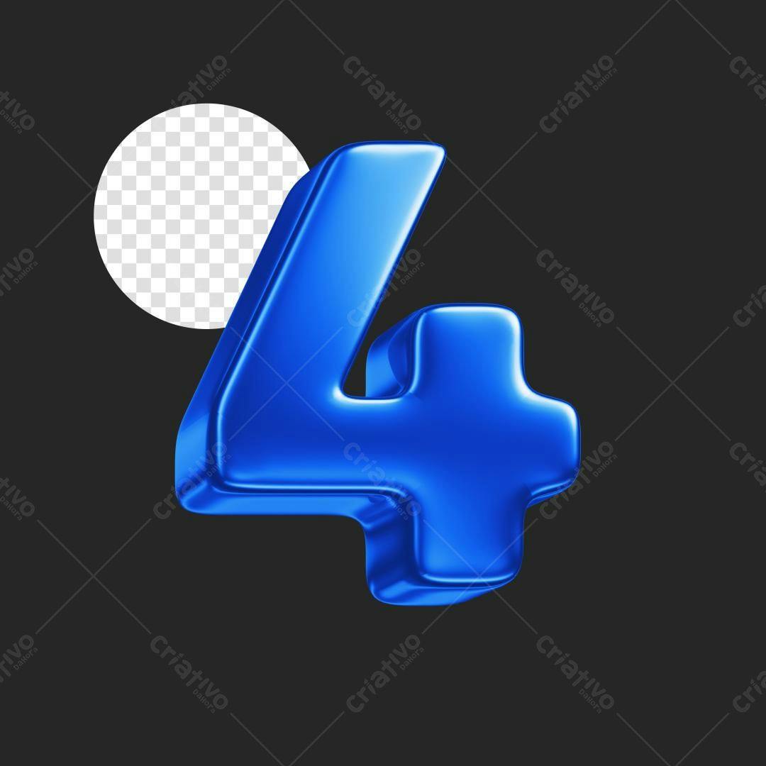 Número 4 em 3D Azul Brilhante PSD Editável