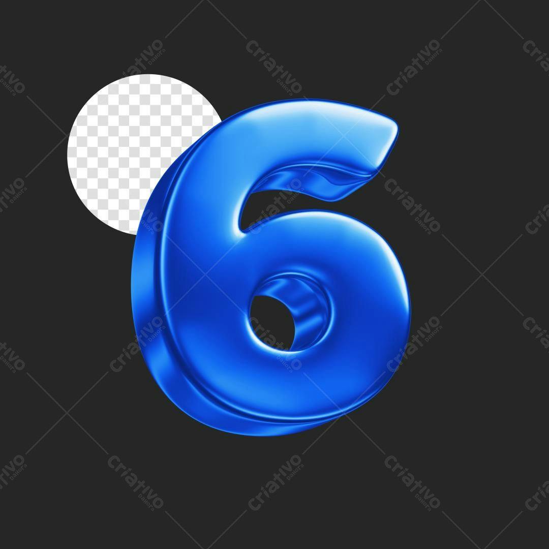 Número 6 em 3D Azul Royal PSD Editável