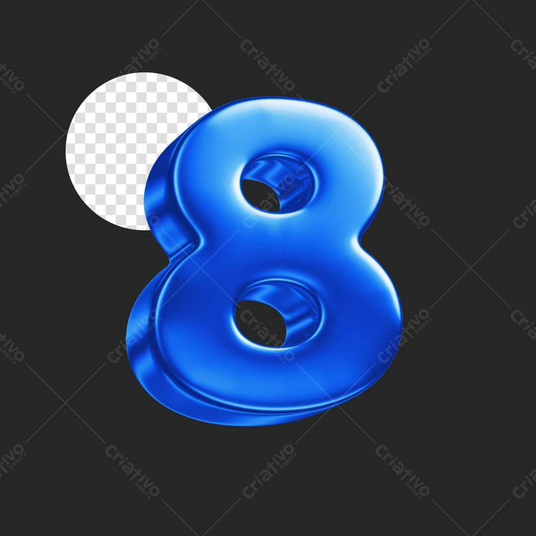 Número 8 em 3D Azul Royal PSD Editável
