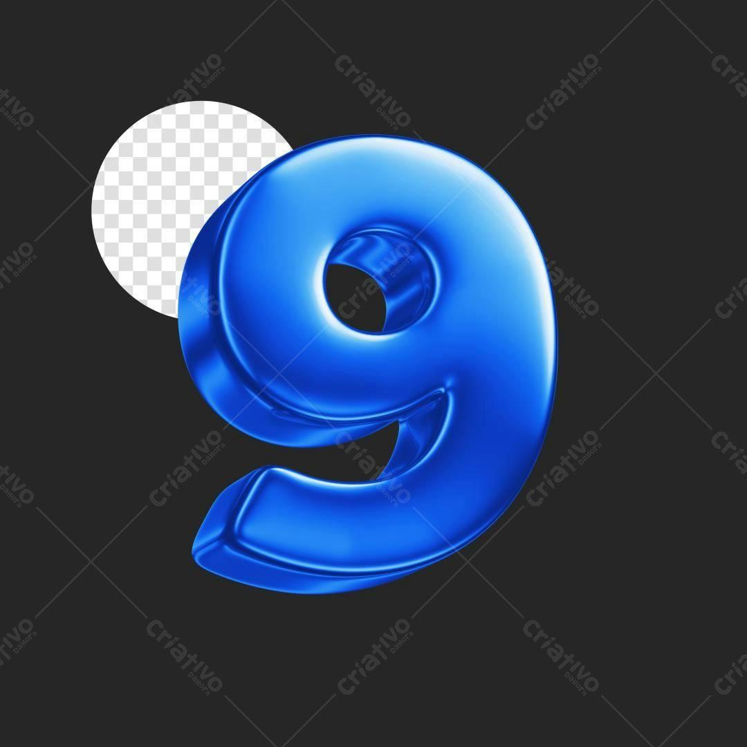 Número 9 em 3D Azul Royal PSD Editável