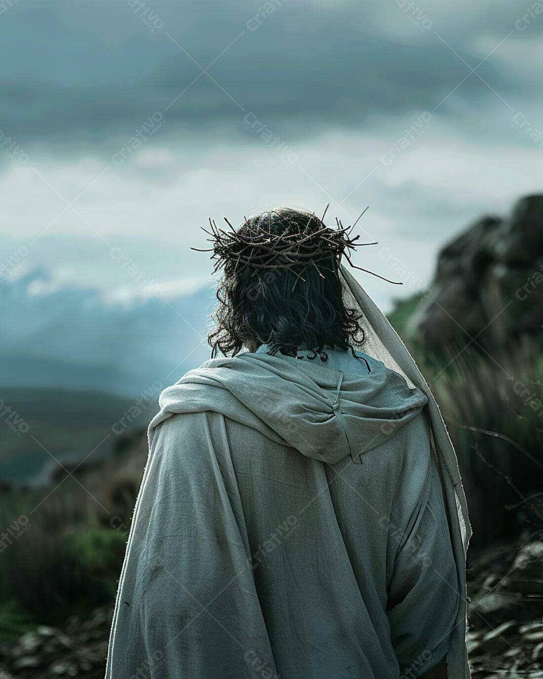 Jesus Cristo com coroa de espinhos em paisagem desolada