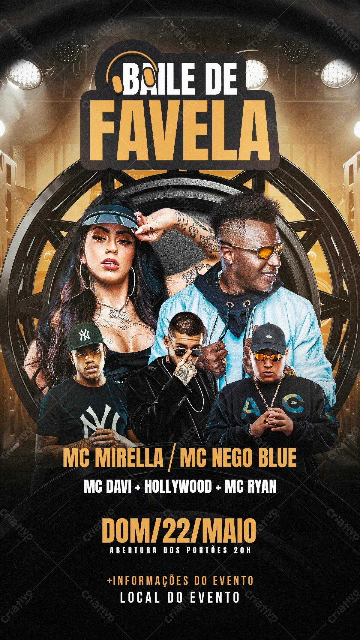 Flyer Baile de Favela com MC Mirella, Nego Blue e outros PSD Editável