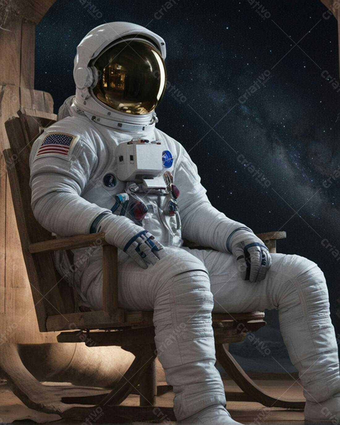 Astronauta em cadeira de madeira sob céu estrelado
