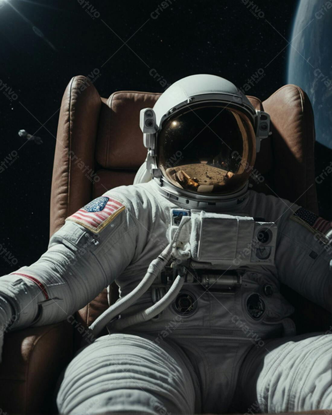 Astronauta em cadeira espacial olhando a Terra