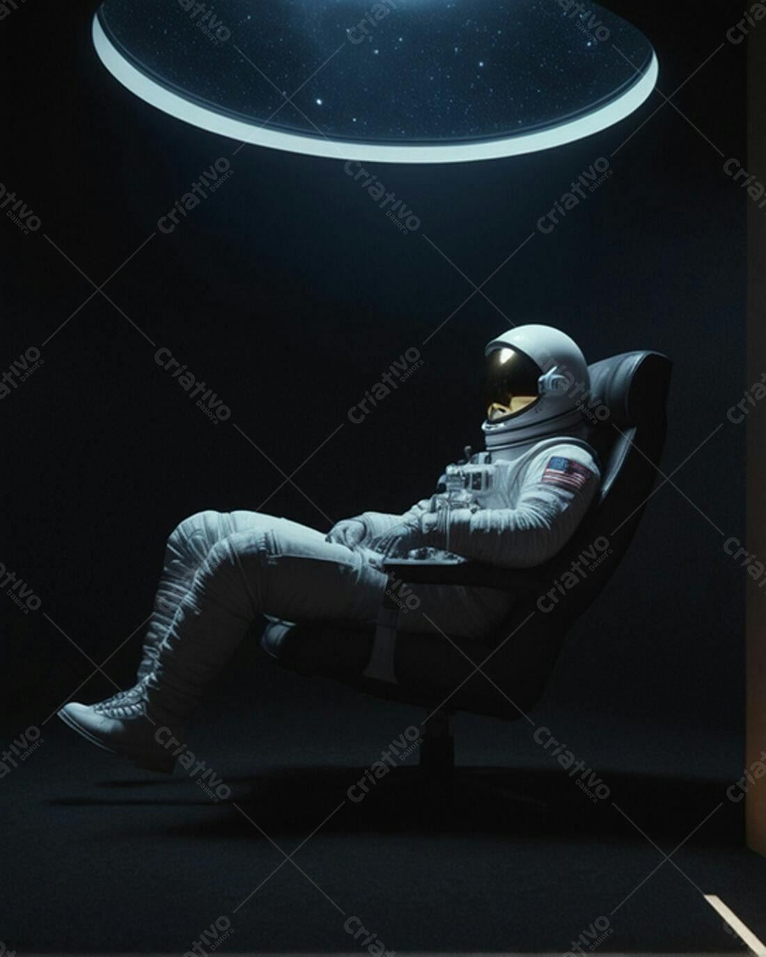 Astronauta descansando em poltrona futurista