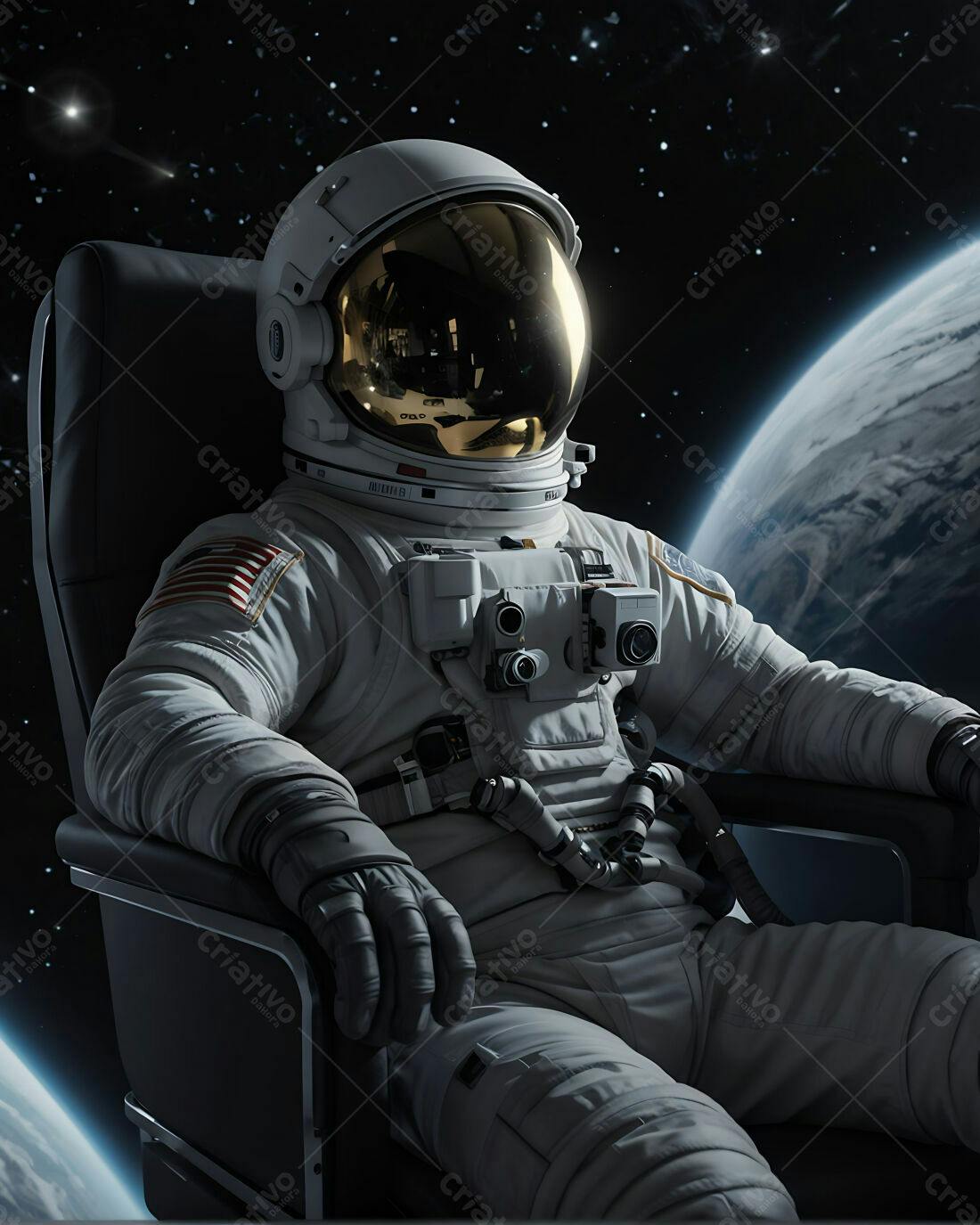 Astronauta em cadeira espacial olhando para a Terra