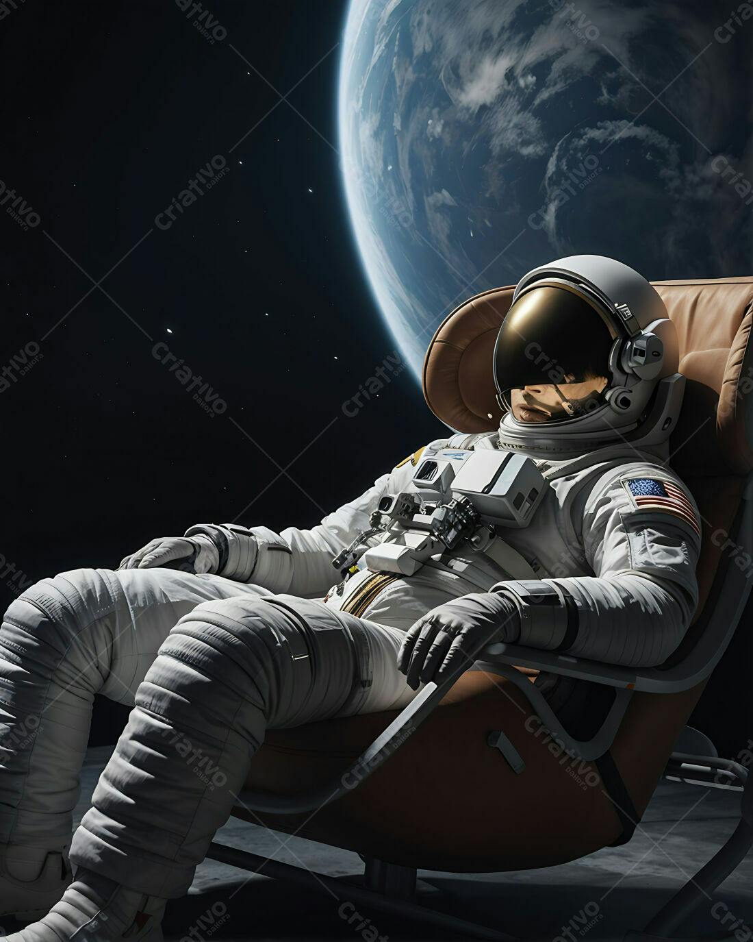 Astronauta descansando em cadeira espacial