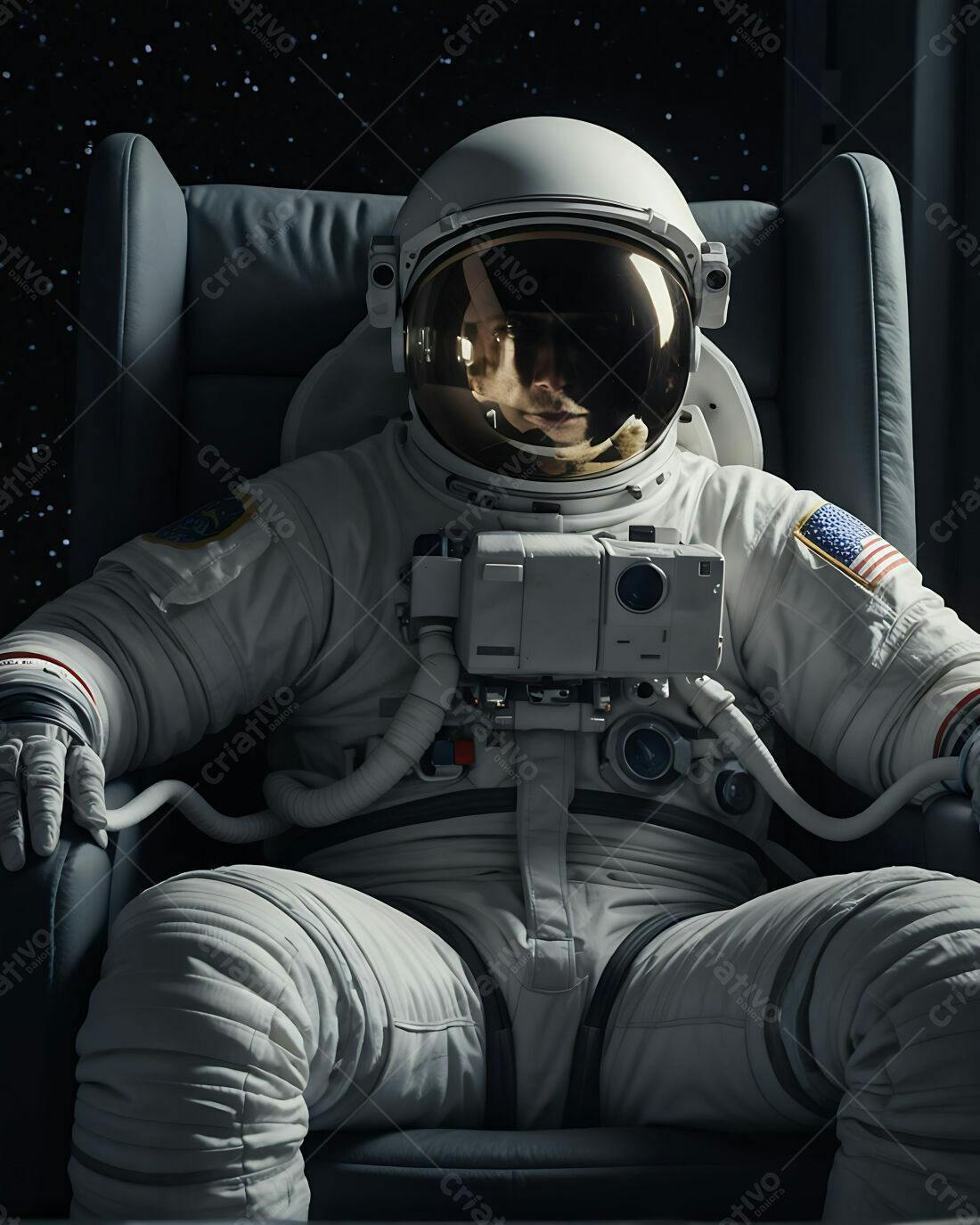 Astronauta em traje espacial sentado em poltrona