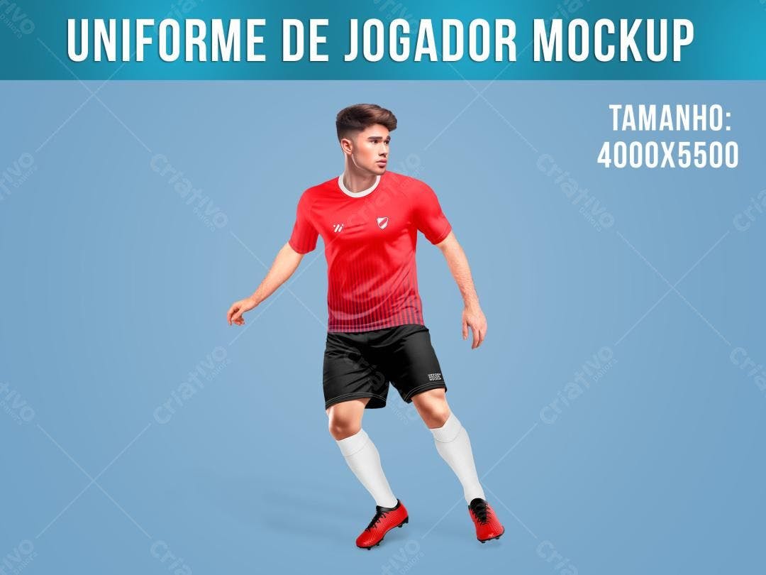 Mockup Camiseta Futebol Vermelha: Jogador em Ação