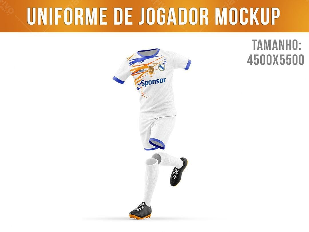 Mockup Uniforme de Futebol: Design Moderno em Branco, Azul e Laranja