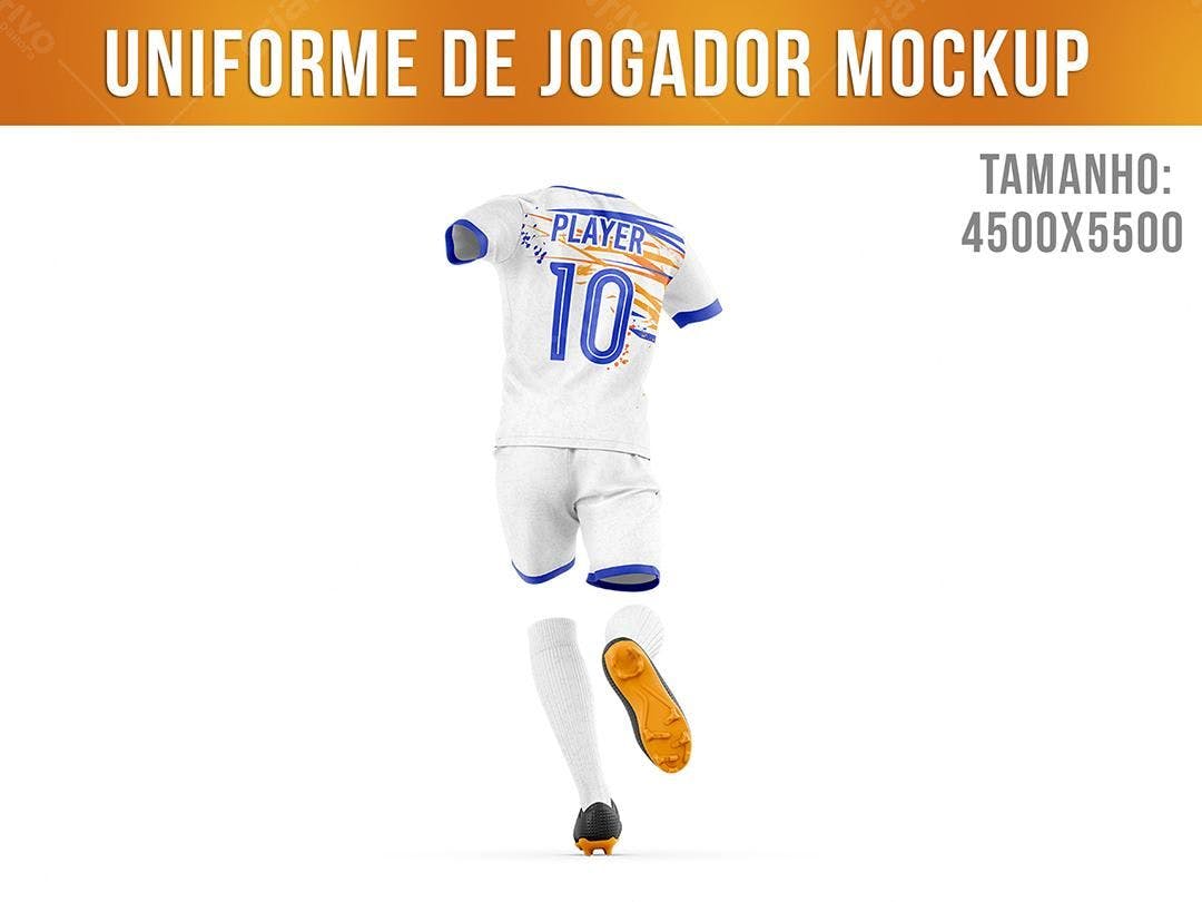 Mockup de Uniforme de Futebol: Design Moderno em Branco, Azul e Laranja