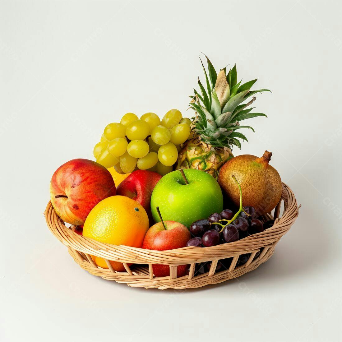 Cesta de frutas tropicais e maçãs