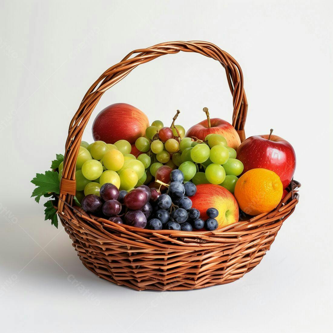 Cesta de frutas coloridas com maçãs uvas e laranja
