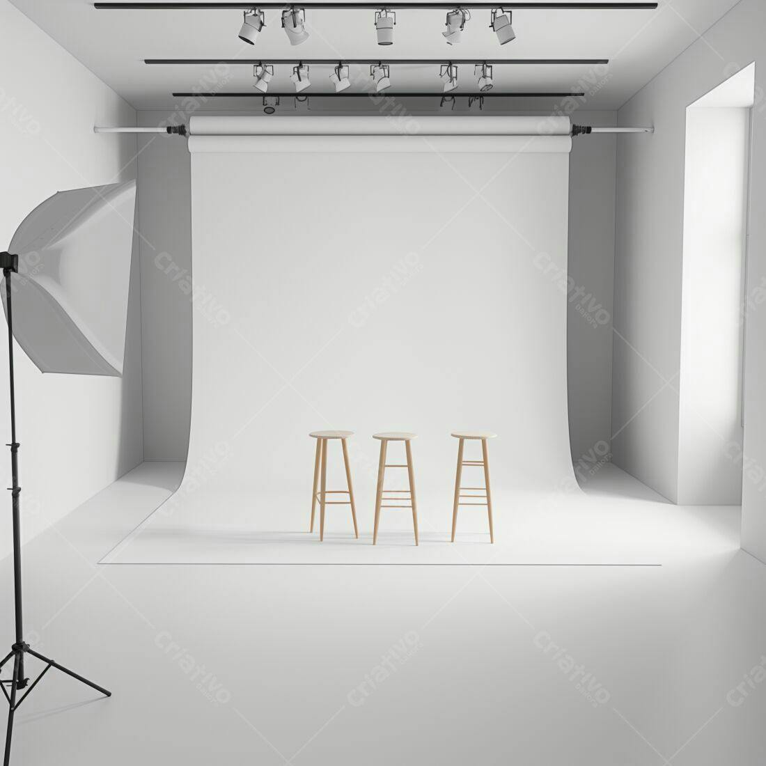 Estúdio fotográfico minimalista com três banquetas