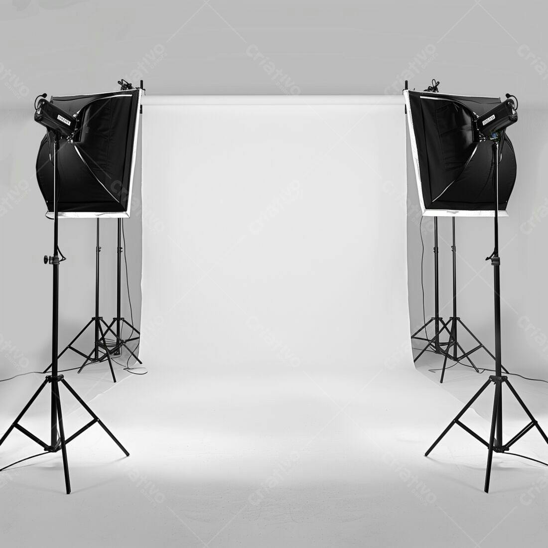 Estúdio fotográfico com fundo branco e iluminação profissional