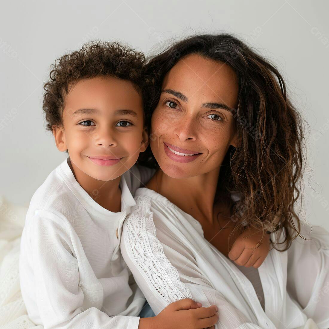 Mãe e filho sorrindo juntos em foto estúdio