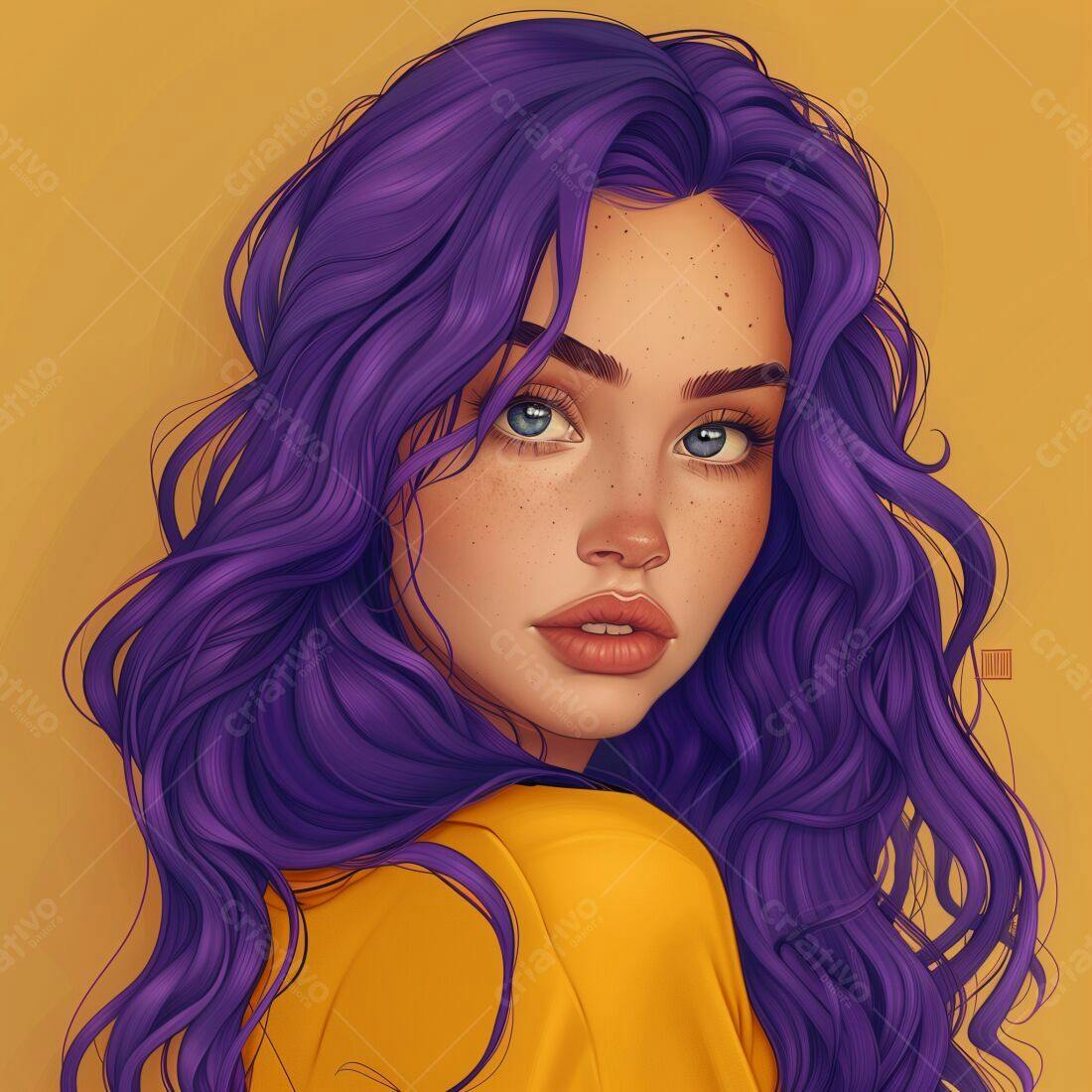 Retrato feminino cabelo roxo e blusa amarela