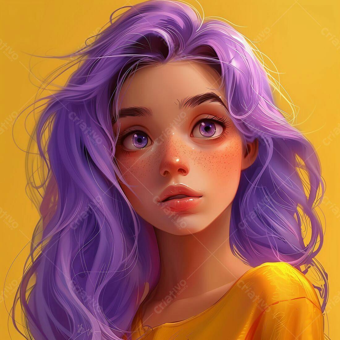 Menina com cabelo roxo e sardas fundo amarelo