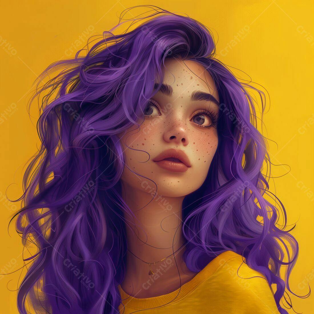 Retrato de mulher com cabelo roxo e fundo amarelo