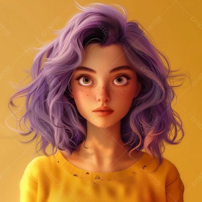 Personagem Feminino Mulher Bonita Cabelo Roxo Lilas Camiseta Amarela Desenho  