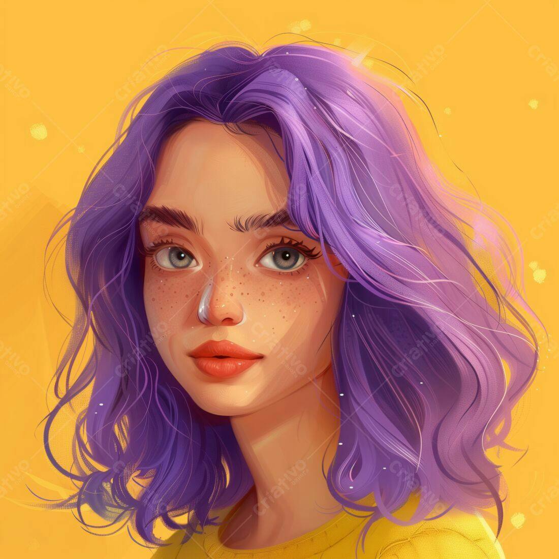 Retrato feminino cabelo roxo fundo amarelo