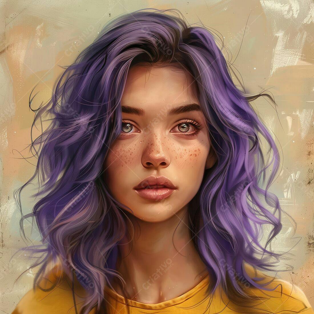 Retrato mulher cabelo roxo olhos claros
