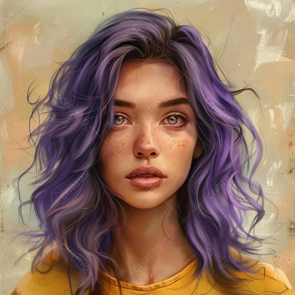 Personagem Feminino Mulher Bonita Cabelo Roxo Lilas Camiseta Amarela Desenho 