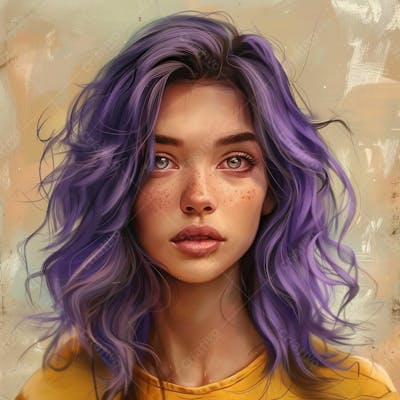 Personagem Feminino Mulher Bonita Cabelo Roxo Lilas Camiseta Amarela Desenho 