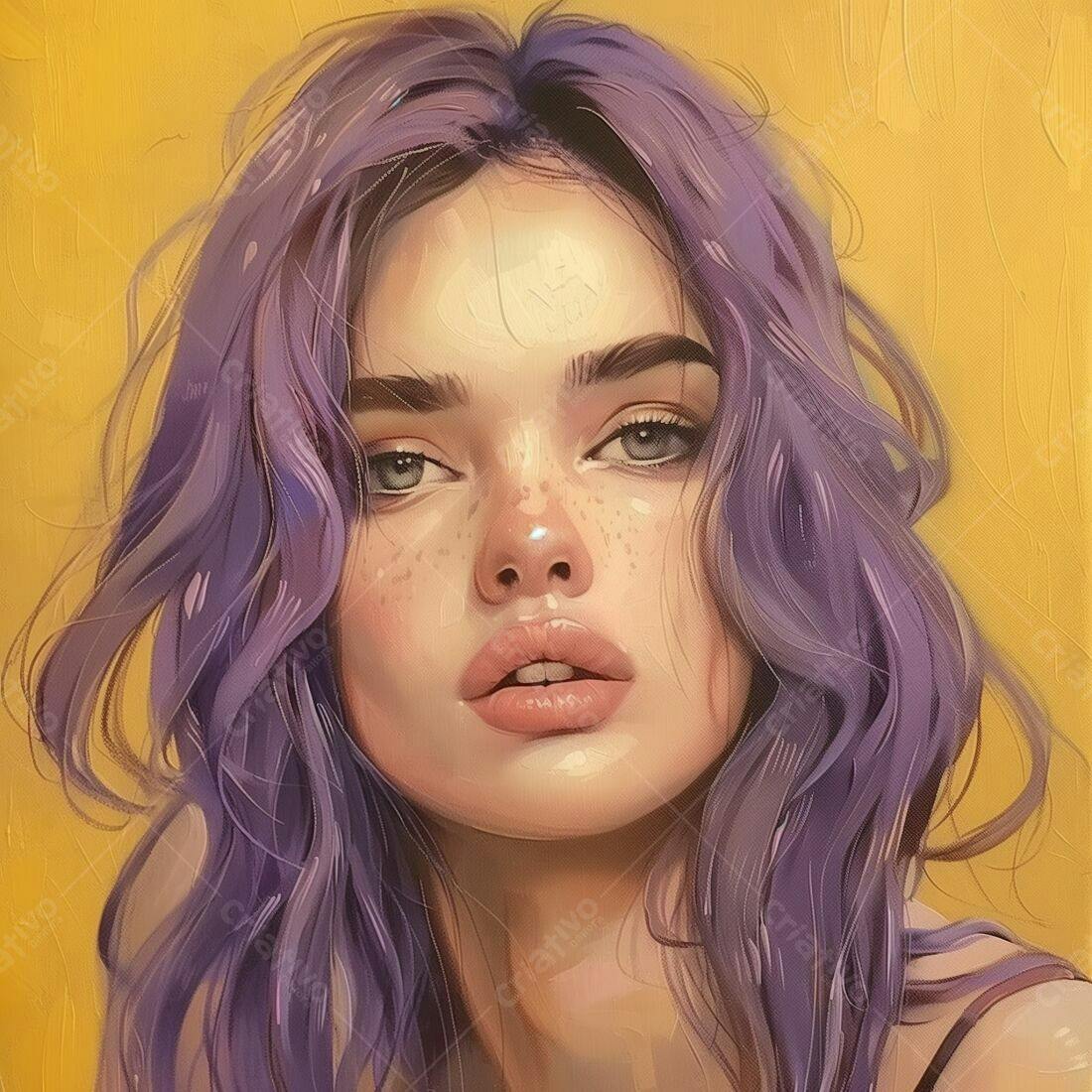 Retrato feminino cabelo roxo fundo amarelo