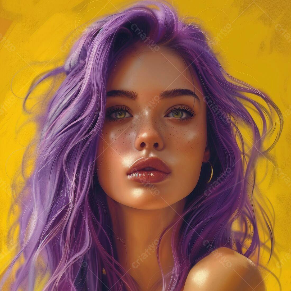 Retrato feminino cabelo roxo fundo amarelo
