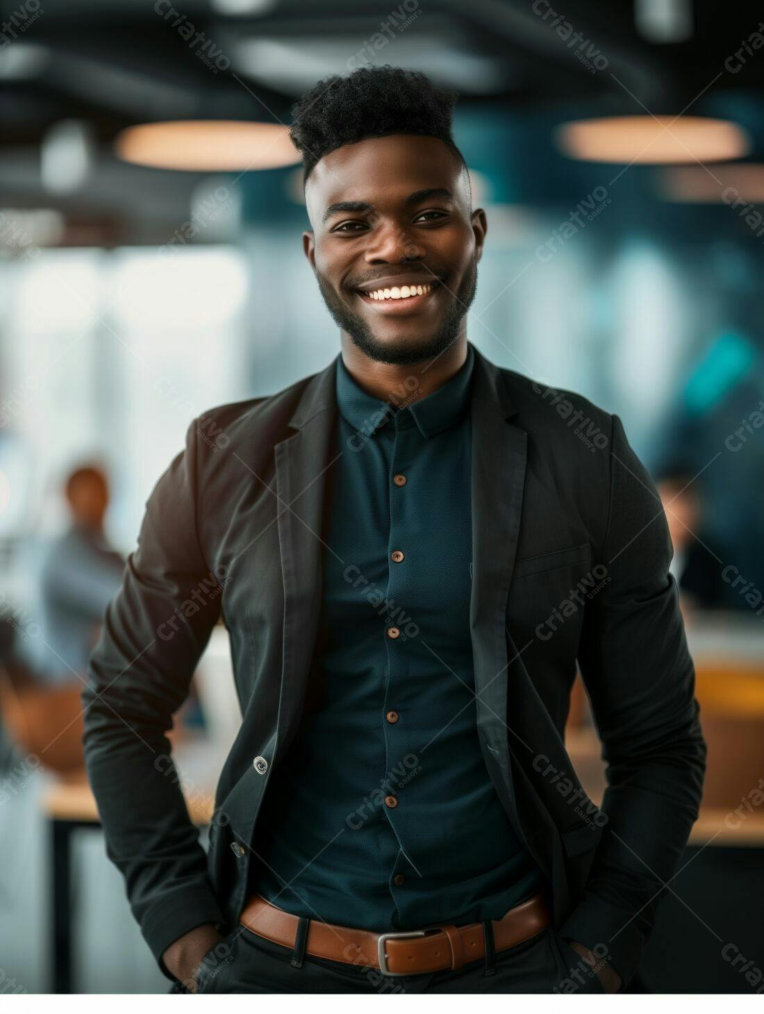 Homem negro sorridente em ambiente corporativo